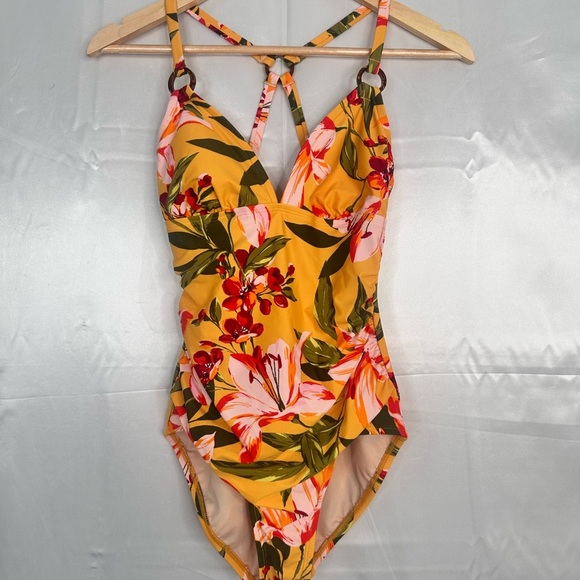 Kona Sol Yellow and Red One Piece Swimsuit with Tropical Floral Design - Picture 1 of 10